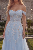 Corset bleu à épaules décollées Corset en tulle longue robe de bal avec des appliques