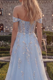 Corset bleu à épaules décollées Corset en tulle longue robe de bal avec des appliques