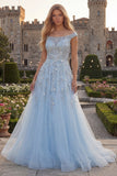 Corset de bal long en tulle perlé à perles bleu scintillant en épaule décollée