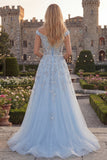 Corset de bal long en tulle perlé à perles bleu scintillant en épaule décollée