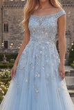 Corset de bal long en tulle perlé à perles bleu scintillant en épaule décollée