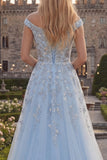 Corset de bal long en tulle perlé à perles bleu scintillant en épaule décollée