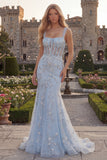 Robe de bal longue robe de bal longue à bretelles en sirène bleu bleu scintillant, corset appliqué