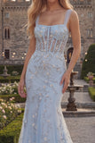 Robe de bal longue robe de bal longue à bretelles en sirène bleu bleu scintillant, corset appliqué