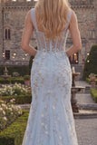 Robe de bal longue robe de bal longue à bretelles en sirène bleu bleu scintillant, corset appliqué