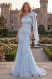 Robe de bal en tulle perlé à perles et sirène bleue scintillante bleu avec nœud