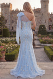 Robe de bal en tulle perlé à perles et sirène bleue scintillante bleu avec nœud