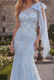 Robe de bal en tulle perlé à perles et sirène bleue scintillante bleu avec nœud