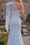 Robe de bal en tulle perlé à perles et sirène bleue scintillante bleu avec nœud