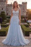 Robe longue de bal en tulle perlé à bretelles bleues en A scintillante