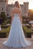 Robe longue de bal en tulle perlé à bretelles bleues en A scintillante