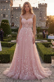 Robe longue de bal en tulle perlé à bretelles bleues en A scintillante