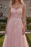 Robe longue de bal en tulle perlé à bretelles bleues en A scintillante