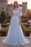 Robe de bal longue en tulle perlé à un nœud en ligne en A bleu scintillant avec des appliques