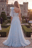 Robe de bal longue en tulle perlé à un nœud en ligne en A bleu scintillant avec des appliques
