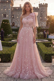 Robe de bal longue en tulle perlé à un nœud en ligne en A bleu scintillant avec des appliques