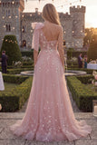 Robe de bal longue en tulle perlé à un nœud en ligne en A bleu scintillant avec des appliques