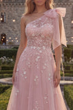 Robe de bal longue en tulle perlé à un nœud en ligne en A bleu scintillant avec des appliques