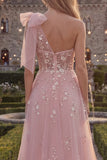 Robe de bal longue en tulle perlé à un nœud en ligne en A bleu scintillant avec des appliques