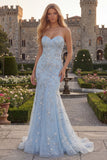 Robe de bal longue perlée en tulle sirène bleue scintillante avec des appliques