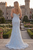 Robe de bal longue perlée en tulle sirène bleue scintillante avec des appliques