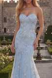 Robe de bal longue perlée en tulle sirène bleue scintillante avec des appliques