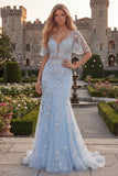 Robe de bal en tule en long col perlé à col en V bleu scintillant avec des appliques