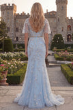 Robe de bal en tule en long col perlé à col en V bleu scintillant avec des appliques
