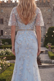 Robe de bal en tule en long col perlé à col en V bleu scintillant avec des appliques