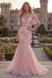 Robe de bal en tule en long col perlé à col en V bleu scintillant avec des appliques