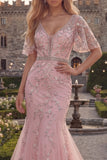 Robe de bal en tule en long col perlé à col en V bleu scintillant avec des appliques