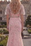 Robe de bal en tule en long col perlé à col en V bleu scintillant avec des appliques