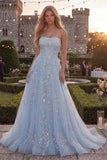 Robe de bal longue en tulle perlé bleu bleu scintillant en ligne A avec des appliques
