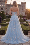 Robe de bal longue en tulle perlé bleu bleu scintillant en ligne A avec des appliques