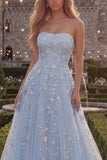 Robe de bal longue en tulle perlé bleu bleu scintillant en ligne A avec des appliques