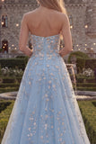 Robe de bal longue en tulle perlé bleu bleu scintillant en ligne A avec des appliques