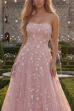 Robe de bal longue en tulle perlé bleu bleu scintillant en ligne A avec des appliques