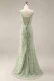 Sauge poussiéreuse à fleurs et col carré, robe de bal longue sirène avec corset