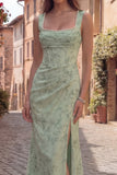 Sauge poussiéreuse à fleurs et col carré, robe de bal longue sirène avec corset