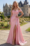Corset sirène rose transparent décollant des épaules, longue robe de bal avec fente