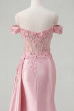 Corset sirène rose transparent décollant des épaules, longue robe de bal avec fente