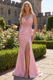 Corset rose transparent sirène 3D Fleurs de bal longue robe de bal avec fente latérale