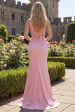 Corset de sirène rose fleuri à col en V et froncé, longue robe de bal avec fente