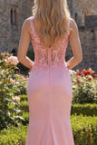 Corset rose transparent sirène 3D Fleurs de bal longue robe de bal avec fente latérale