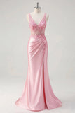 Corset de sirène rose fleuri à col en V et froncé, longue robe de bal avec fente