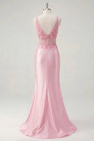 Corset rose transparent sirène 3D Fleurs de bal longue robe de bal avec fente latérale