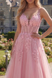 Corset rose à col en V à col en V en long robe de bal en tulle