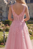 Corset rose à col en V à col en V en long robe de bal en tulle