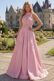Corset rose à dos nu, robe de bal longue avec nœud d’année