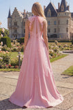 Corset rose à dos nu, robe de bal longue avec nœud d’année